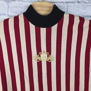 St John Collection Marie Gray Red Cream Striped Mock Neck Crest Sweater Medium